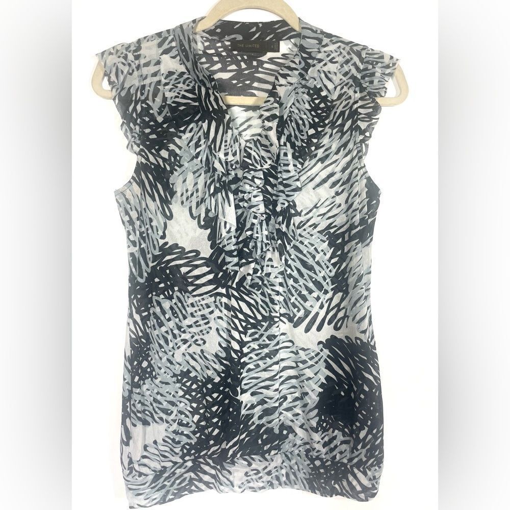 The Limited Sleeveless Sheer V Ruffle Soft Stretch Top Black White Ice Blue S